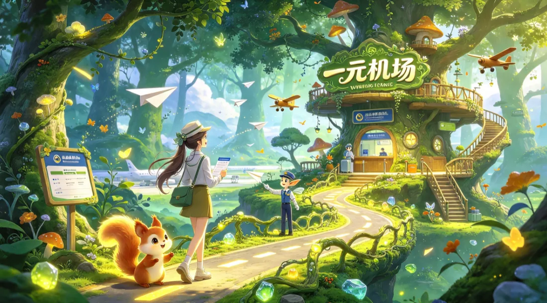 森林树屋小机场前少女与松鼠的童话风插画